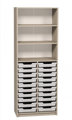 Відкрита шафа з 3-ма полицями, 702х405х2115 мм., з 20-ма пластик. лотками розміру 312х377х75 мм для предметних кабінетів й освітніх просторів, АНШАР ГРУП (7703)